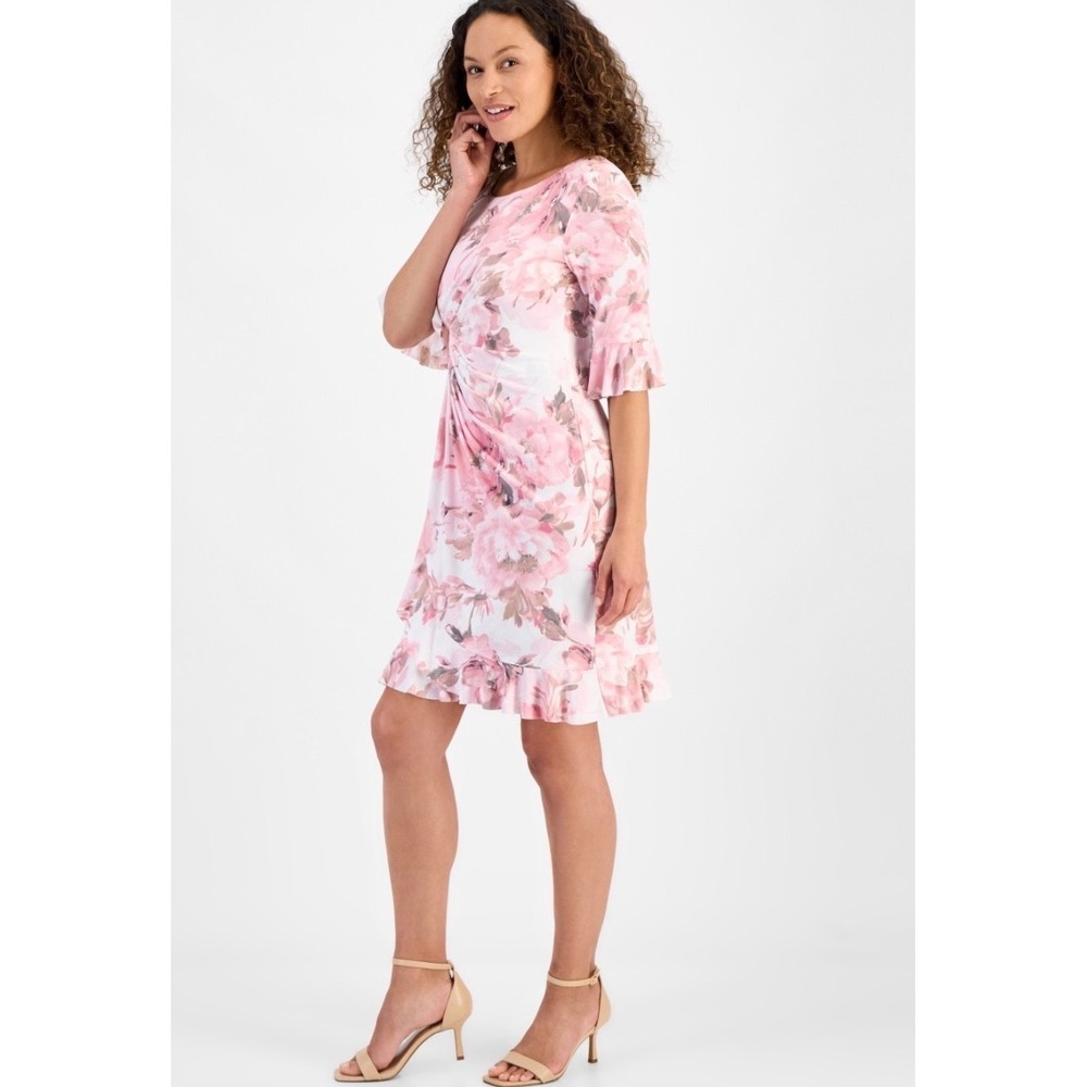 Connected Apparel Pink Floral Faux Wrap Ruffle Sheath Dress 14P Ivory Rose NEW